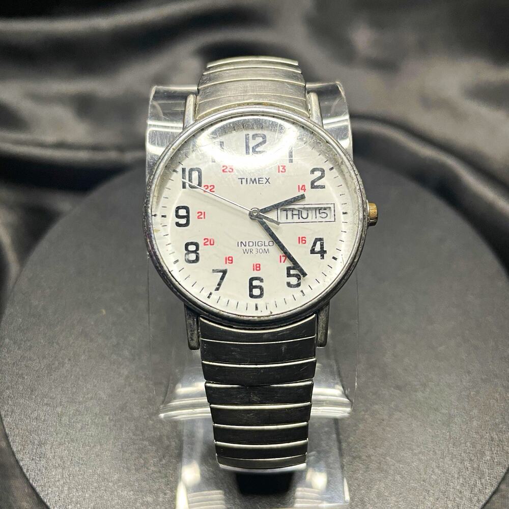 Timex Indiglo Quartz Watch Day/Date Indiglo WR 30m White Dial SS 36mm